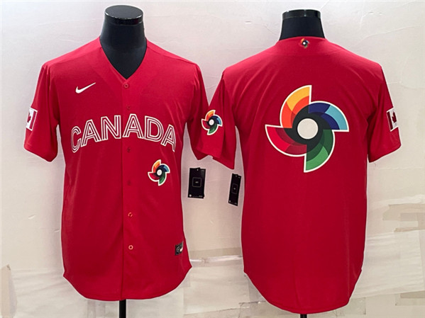 Men's Canada Baseball 2023 Red World Baseball Big Logo With Patch Classic Stitched Jersey - Click Image to Close